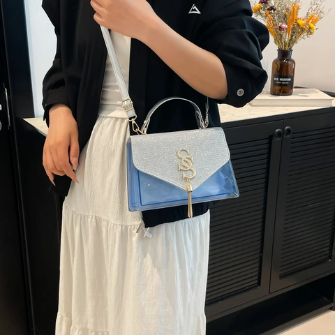 Women Fashion Transparent PVC Shoulder Bag With Sequins Flap Letter Metal Logo Tassel Chain Crossbody Handbag Square Tote Bag