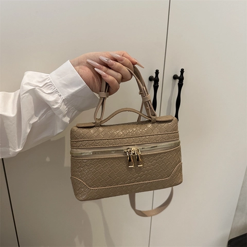 Damen Gewebte PU-Leder Umhängetasche Doppelreißverschluss Handtasche Vintage Quadratische Box Schultertasche Große Kapazität Alltagstasche