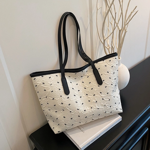 Bolso Tote Estampado con Lazo a la Moda para Mujer Gran Capacidad Textura Arrugada Bolso de Hombro Casual de Axila