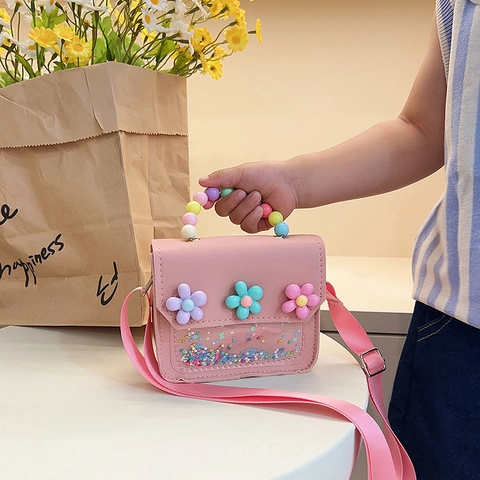 Süße Kinder Umhängetasche Mit Pailletten Und Bunten Perlen Handgriff Blumen Deko PU Leder Handtasche Für Mädchen Party Alltag