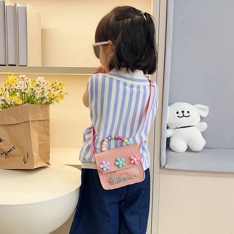 Süße Kinder Umhängetasche Mit Pailletten Und Bunten Perlen Handgriff Blumen Deko PU Leder Handtasche Für Mädchen Party Alltag