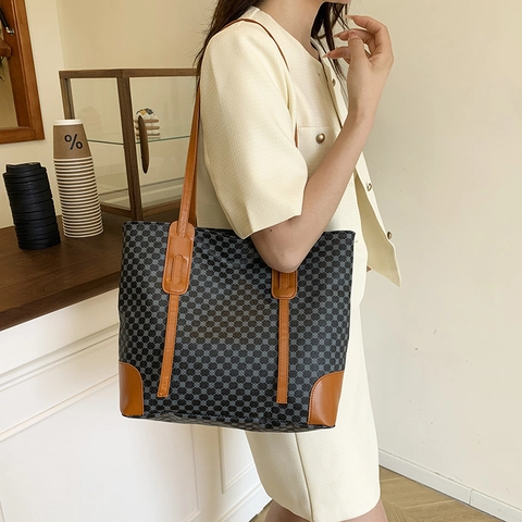 Damen Große Kapazität PU Leder Tote Bag Geometrische Monogramm Muster Schultertasche Vintage Büro Handtasche Für Damen