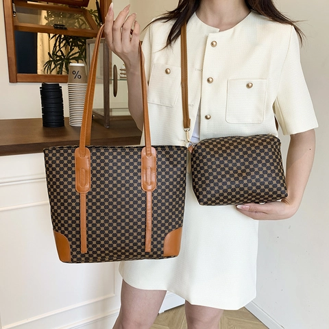 Damen Große Kapazität PU Leder Tote Bag Geometrische Monogramm Muster Schultertasche Vintage Büro Handtasche Für Damen