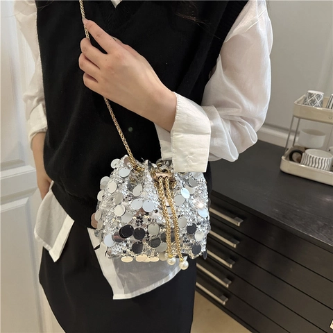 Bolso de Cubo de Lentejuelas de Moda para Mujer Bolso de Hombro de Cadena Francesa Brillante Con Cordón de Perlas Artificiales Bolso de Bandolera de Noche