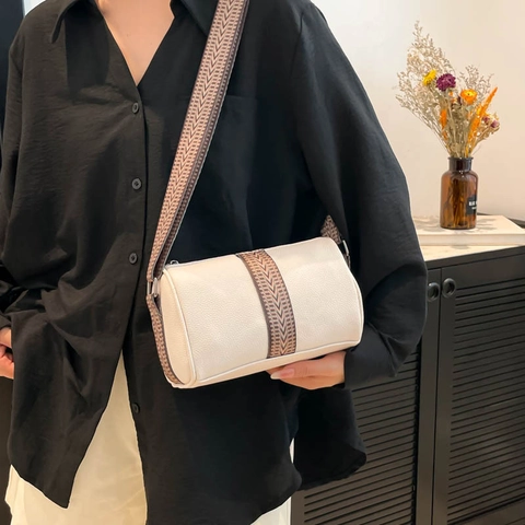 Fashion Litchi Grain PU Leather Barrel Shoulder Bag For Women With Wide Geometric Jacquard Strap Casual Retro Crossbody Pillow Bag
