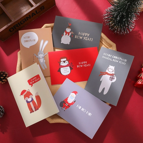 Christmas New Year Greeting Cards Cartoon Santa Animals Wearing Masks Festive Postcards With Envelopes And Stickers Holiday Blessing Paper Cards
