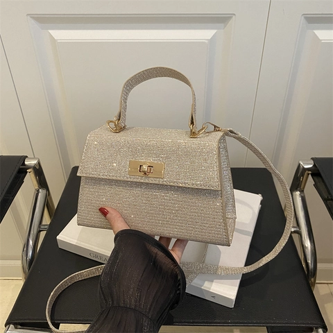 Women's Korean Fashion Sequined Crossbody Bag With Top Handle Gold Metal Lock Small Square Handbag For Daily Party Commuter
