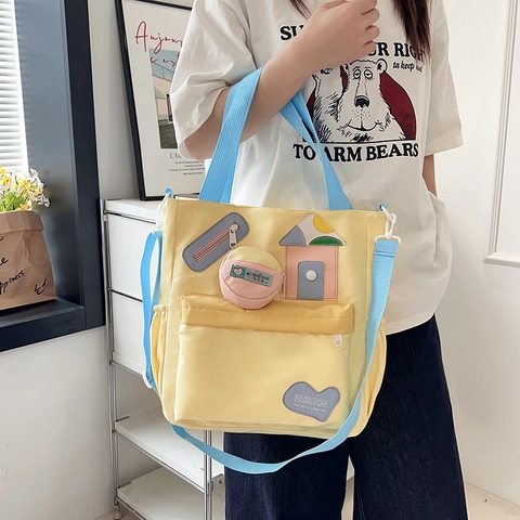 Bolso de Hombro de Gran Capacidad para Mujer Tote Handbag Lindo Estampado de Vaca Nylon Patchwork para Escuela Estudiante Estilo Japonés
