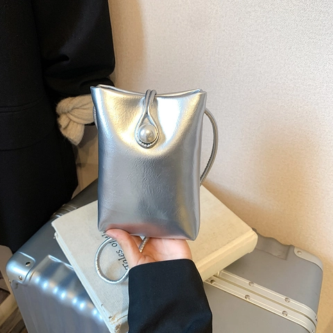 Borsa a Tracolla Verticale per Cellulare Mini da Donna in Pelle PU Lucida Con Perla Artificiale Borsa a Tracolla Quadrata