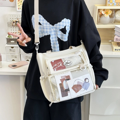 Damen Nylon Ita Tasche Große Kapazität Schultertasche Mit Transparentem PVC Fenster Frischer Campus Stil Umhängetasche
