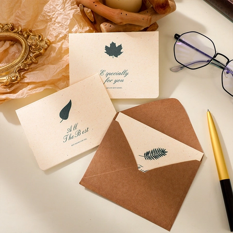Vintage Botanical Greeting Card And Kraft Envelope Minimalist Green Plant Leaf Printing Message Cards For Wedding Birthday Party Gift Giving