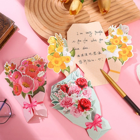 3D Pop Up Flower Bouquet Greeting Card With Envelope Aesthetic Handmade Cardstock Floral Card For Mother's Day Teacher's Day Birthday Wedding Gift Card