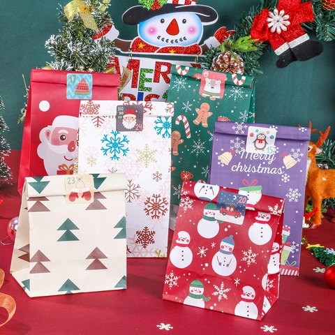 Weihnachten Kraftpapier Geschenktüten Set Weihnachtsmann Schneemann Muster Mit Holzklammern Hanfseil Und Adventsaufkleber Für Urlaub Party Verpackung
