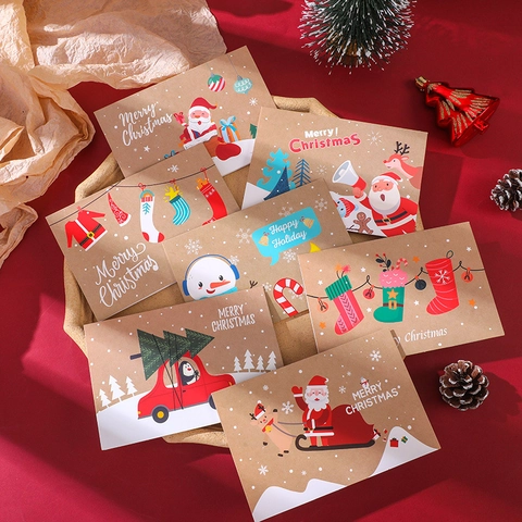 Christmas Greeting Cards With Envelopes Kraft Paper Cartoon Santa Claus Snowman Reindeer Folding Message Holiday Gift Cards
