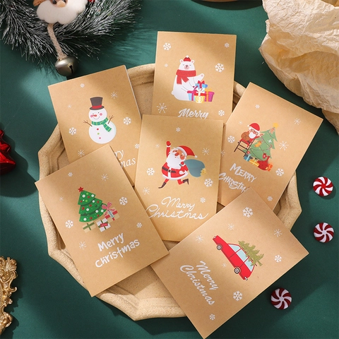 Christmas Kraft Paper Greeting Cards Set With Envelopes And Stickers Santa Claus Tree Snowman Pattern Holiday Gift Cards