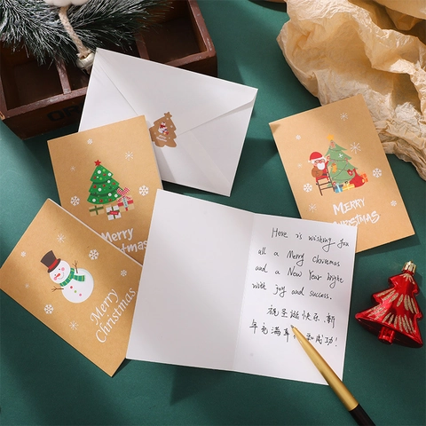 Christmas Kraft Paper Greeting Cards Set With Envelopes And Stickers Santa Claus Tree Snowman Pattern Holiday Gift Cards