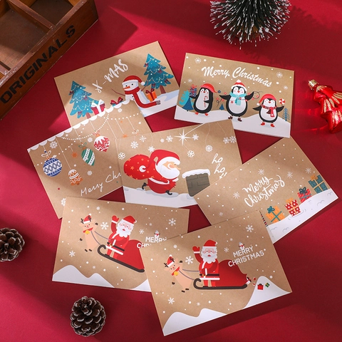 Christmas Greeting Cards With Envelopes Kraft Paper Cartoon Santa Claus Snowman Reindeer Folding Message Holiday Gift Cards