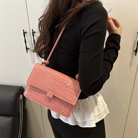Damen Krokodilmuster PU Leder Schultertasche Elegante Kleine Quadratische Tasche Minimalistische Umhängetasche Mode Handtasche