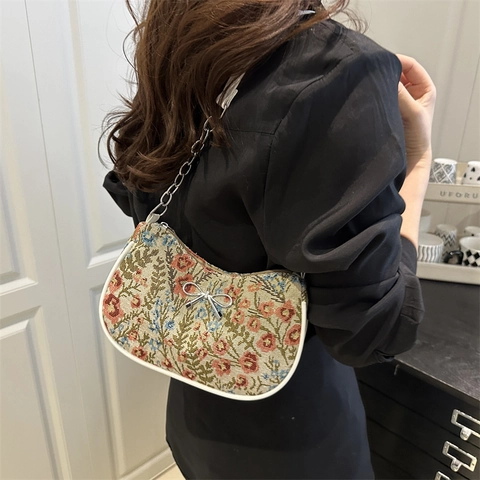 Bolso de Axila Vintage Floral Jacquard para Mujer Elegante Lazo Cadena de Metal Bolso de Hombro Nuevo Estilo Chino