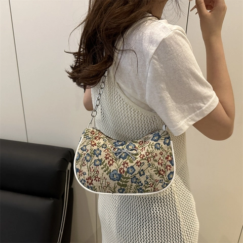 Bolso de Axila Vintage Floral Jacquard para Mujer Elegante Lazo Cadena de Metal Bolso de Hombro Nuevo Estilo Chino