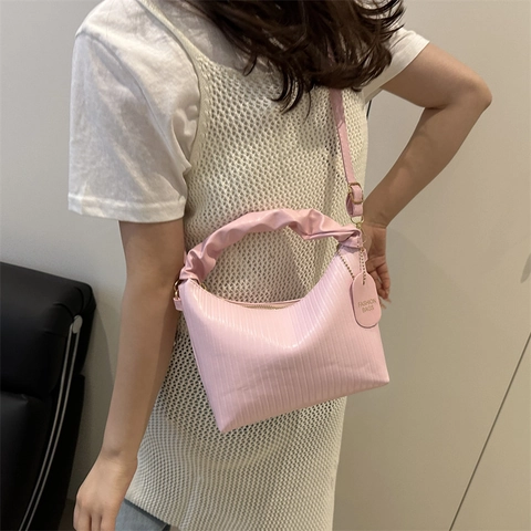 Women Pleated Hobo Bag Ruched Handle PU Leather Vertical Texture Shoulder Crossbody Handbag Minimalist Niche Design
