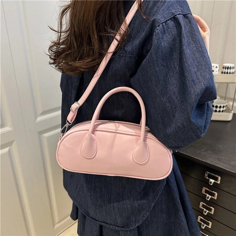 Glossy PU Leather Boston Bag Elegant Solid Color Handbag With Detachable Shoulder Strap For Women