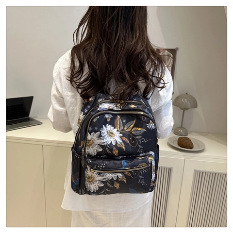 Women Fashion Printed Nylon Backpack Large Capacity Floral Cherry Butterfly Student School Bag Casual Travel Rucksack