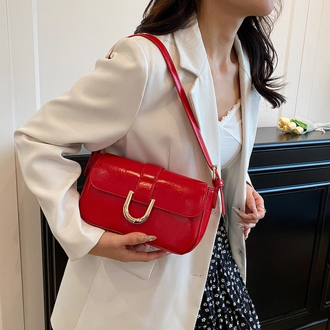 Bolso de Axila de Cuero PU Vintage para Mujer Color Sólido Bolso de Hombro con Solapa y Hebilla de Metal Dorado