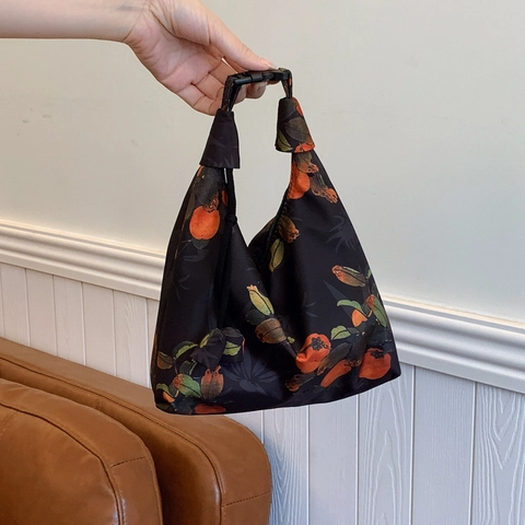 Vintage-Chinesischer Stil Bedruckte Handtasche Kleine Stoff-Tote-Bag Floral Kaki Muster Kordelzug Schnalle Damen Tasche