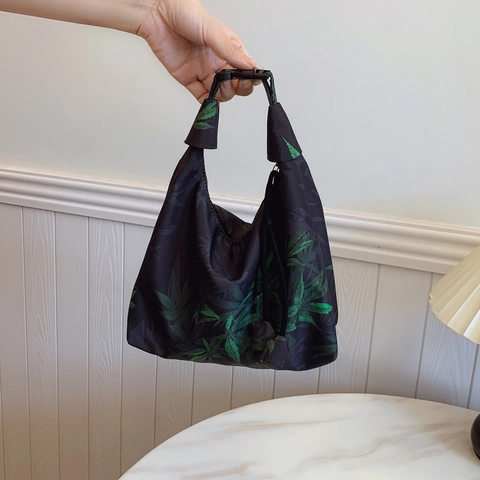 Vintage-Chinesischer Stil Bedruckte Handtasche Kleine Stoff-Tote-Bag Floral Kaki Muster Kordelzug Schnalle Damen Tasche