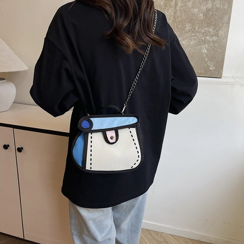 Women 2D Comic Style Crossbody Handbag Contrast Color Polyester Small Square Bag With Chain Strap Fashion Satchel