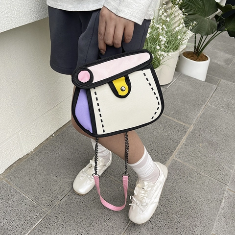Women 2D Comic Style Crossbody Handbag Contrast Color Polyester Small Square Bag With Chain Strap Fashion Satchel