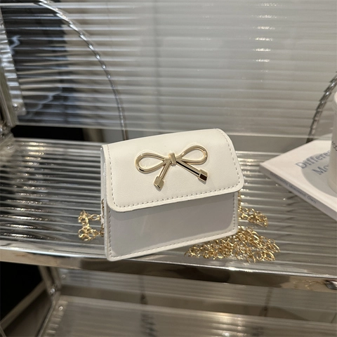 Mini Borsa a Tracolla Quadrata da Donna Dolce Fiocco Fibbia in Metallo Catena Borsa a Spalla Elegante Tinta Unita in Pelle PU per Festa Quotidiana