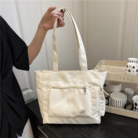 Women Large Capacity Canvas Tote Bag Minimalist Shoulder Bag Casual Commuter Handbag Zipper Front Pocket Good Luck Patch