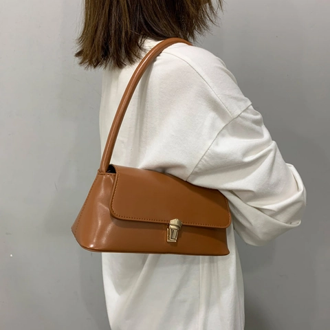 Vintage Minimalist PU Δερμάτινη Τσάντα Baguette για Γυναίκες Μεταλλική Κλειδαριά Μονός Ιμάντας Ώμου Μόδα Καθημερινή Μετακίνηση