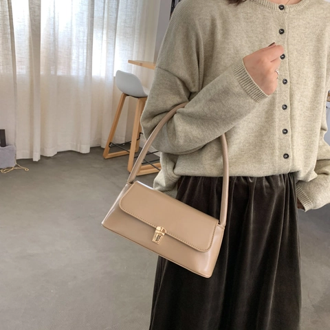 Vintage Minimalist PU Δερμάτινη Τσάντα Baguette για Γυναίκες Μεταλλική Κλειδαριά Μονός Ιμάντας Ώμου Μόδα Καθημερινή Μετακίνηση