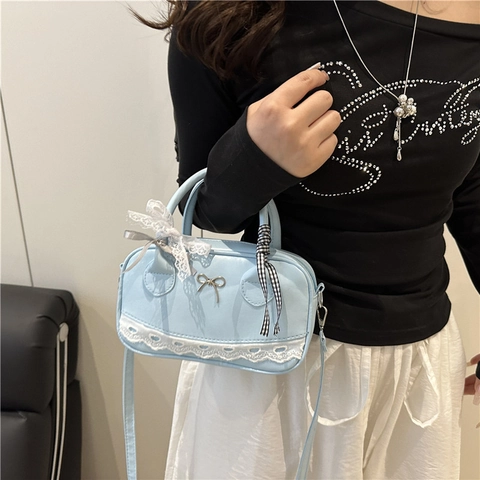 Sac Boston Femme Cuir PU Dentelle Nœud Décoration Style Lolita Doux Sac À Main Avec Bandoulière Réglable