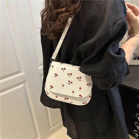 Dames Kersendruk Crossbodytas Kleine Vierkante Tas Met Klep Verstelbare Riem Voor Dagelijks Gebruik