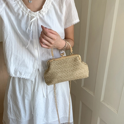 Damen Vintage Gewebte Abendtasche Gold Metallrahmen Kussverschluss Wolke Handtasche Mit Kettengurt Für Party Hochzeit