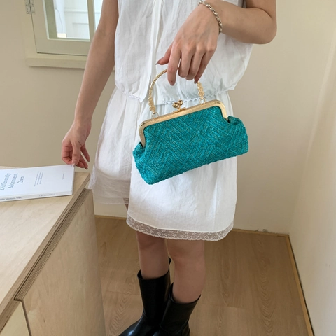 Damen Vintage Gewebte Abendtasche Gold Metallrahmen Kussverschluss Wolke Handtasche Mit Kettengurt Für Party Hochzeit