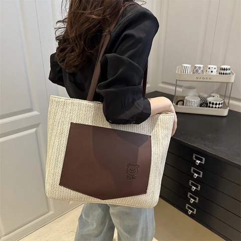 Borsa Tote in Paglia Intrecciata da Donna Grande Capacità Con Tasca Applicata Orso Vintage Casual Estate Spiaggia Borsa a Spalla