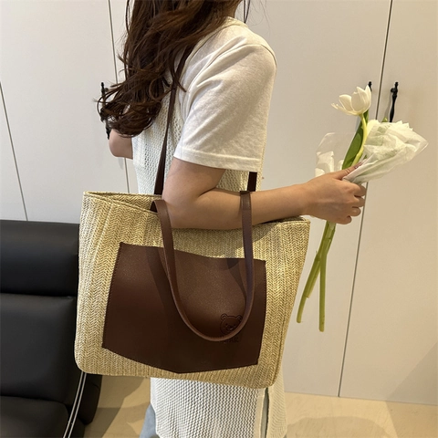 Borsa Tote in Paglia Intrecciata da Donna Grande Capacità Con Tasca Applicata Orso Vintage Casual Estate Spiaggia Borsa a Spalla