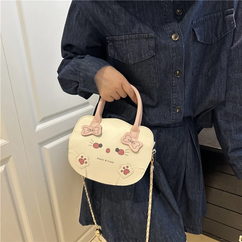 Borsa A Mano A Forma Di Gatto Pelle PU Tracolla A Catena In Metallo Dolce Kawaii Fiocco Rosa Donna Casual