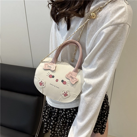 Borsa A Mano A Forma Di Gatto Pelle PU Tracolla A Catena In Metallo Dolce Kawaii Fiocco Rosa Donna Casual