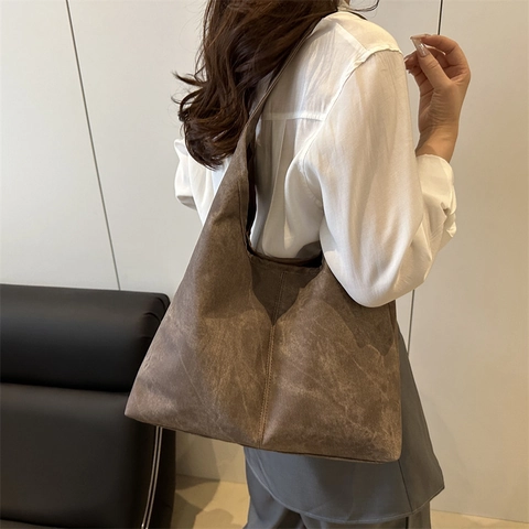 Bolso Tote Hobo Retro de Cuero PU Para Mujer Gran Capacidad Bolso de Hombro Textura Lavada Color Sólido Bolso de Compras