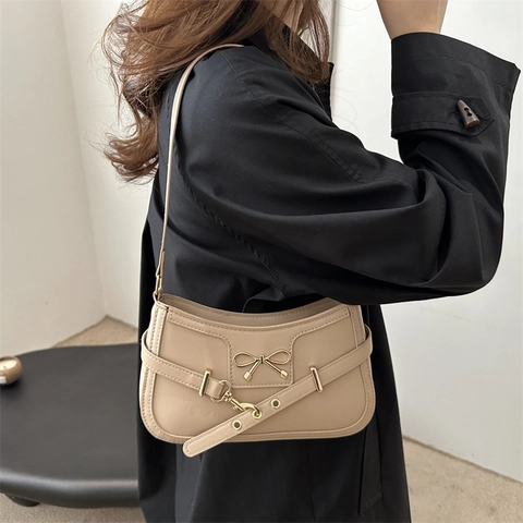 Bolso de Axila para Mujer de Estilo Coreano con Lazo Cuero PU Bolso de Hombro Minimalista Color Sólido a la Moda
