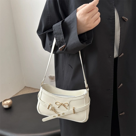 Bolso de Axila para Mujer de Estilo Coreano con Lazo Cuero PU Bolso de Hombro Minimalista Color Sólido a la Moda