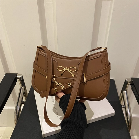 Borsa Sottospalla in Pelle PU Vintage da Donna Con Decorazione a Fiocco Dorato Elegante Borsa a Tracolla in Tinta Unita