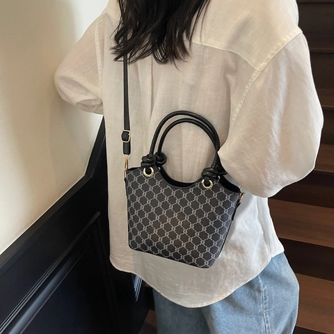 Damen PU Leder Eimertasche Vintage Monogramm Umhängetasche Schultertasche Urban Minimalistisch Mode Tote Handtasche Tasche
