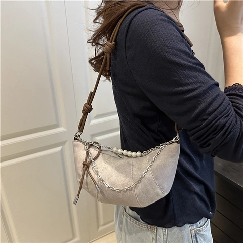 Women Retro Denim Canvas Hobo Bag Artificial Pearl Chain Decor Crossbody Shoulder Bag Vintage Half Moon Purse Dumpling Bag Daily Fashion